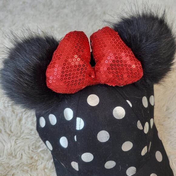 Disney Parks Womens Minnie Mouse Polka Dot Pom Pom Baseball Cap with Bow - Picture 4 of 7